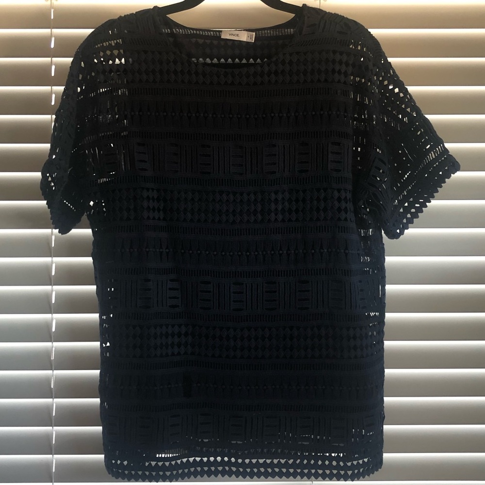Vince Navy Blue Silk Blend Crochet Knit T-Shirt Blouse Sz S